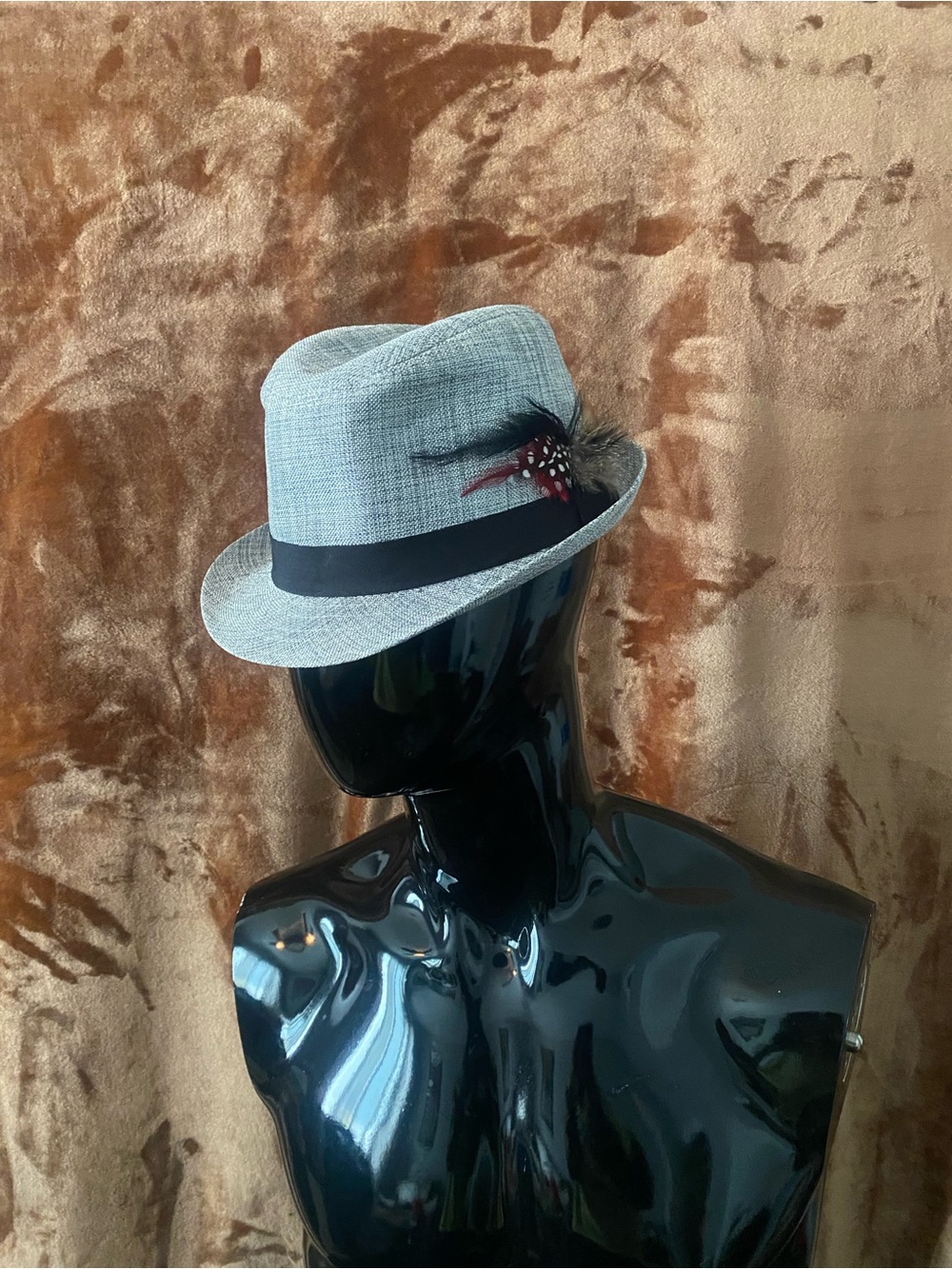 Gray Straw Fedora with Black Band and Feather Accent
